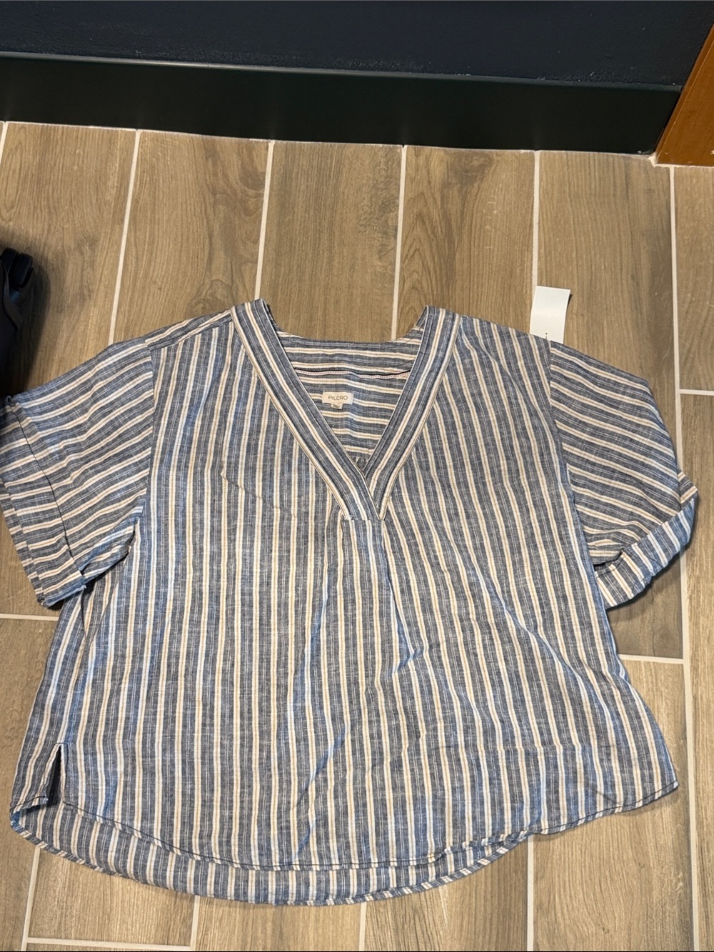Pilcro Blue and Yellow Striped V-Neck Top